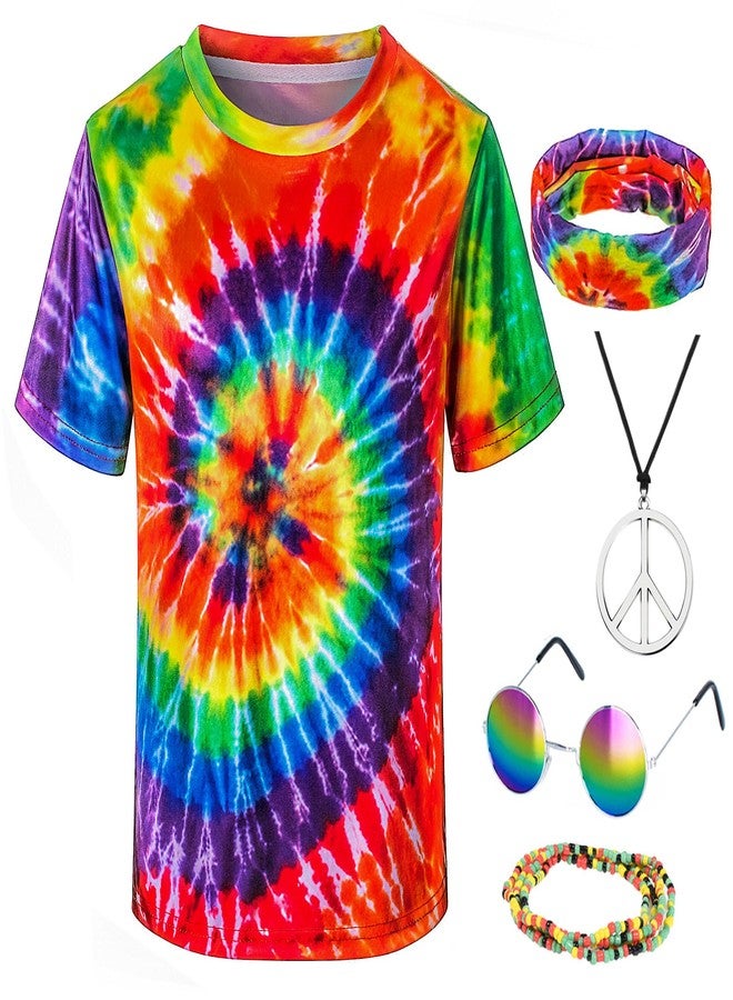TOGROP Kids Hippie Costume for Boys Girls 60s 70s T-Shirt 5Pcs Set for Halloween Party 9-10 Years Colorful - Image 1